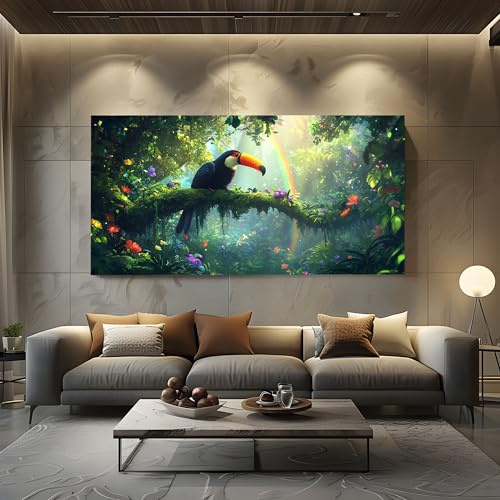 ZORYAN Grande Impression sur Toile Tropical Toucan Tableau Mural Forêt Oiseau Pour Salon Moderne, Art Decoratif Jungle Fleur Photo pour Chambre Sans Cadre 60x120 cm