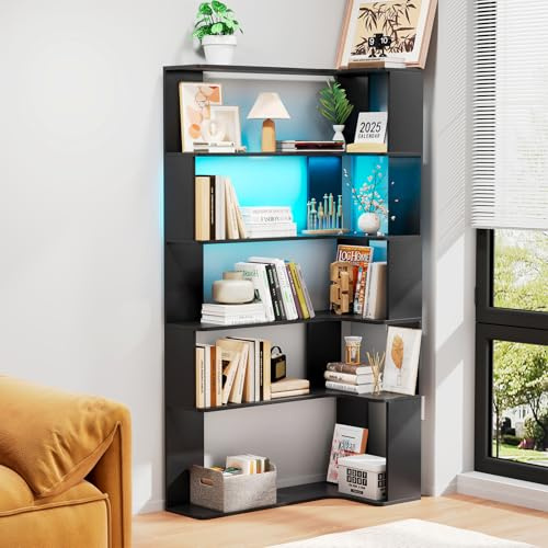 Saitedudu Bibliothèque à 5 étages avec éclairage LED, étagères d'angle en Bois, bibliothèques en L et vitrines 90x48x170cm (Noir)