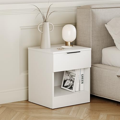 Vida Designs Trega - Comodino con 1 cassetto, compatto, salvaspazio, 41 x 39 x 28 cm (altezza x larghezza x profondità), in legno ingegnerizzato, cassetto scorrevole liscio, moderno manico nero