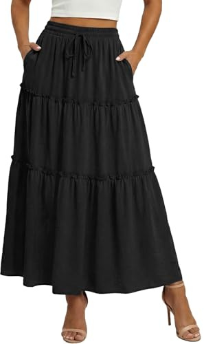 WERFORU Women's Skirts Elastic High Waist Long Skirt with Pockets Elegant Maxi Skirt for Women A-Line High Waist Boho Skirts
