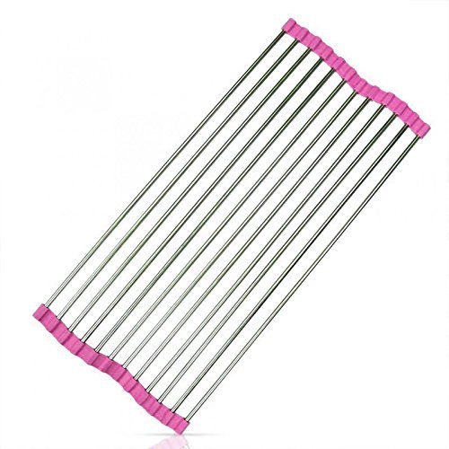 SHOP-STORY - Égouttoir Pliable Antidérapant en Acier pour Evier Lavabo - Séchage Vaisselle Fruits Légumes - Peut être utilisé comme Passoire et Repose Plat - Dimension 37 x 23 cm - Couleur Fuchsia