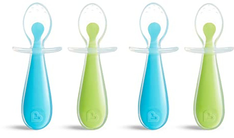 Munchkin® Silicone Scoop™ Trainer Spoons with Choke Guard for Baby Led Weaning, 4 Count, Blue/Green