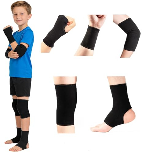 Ensemble de Protection Sportive pour Enfant Protège-Poignet Protège-Cheville Protège-Main Genouillères Coudière Support Antidérapant Anti-entorse pour Cyclisme Danse Sports en Plein air (Noir)