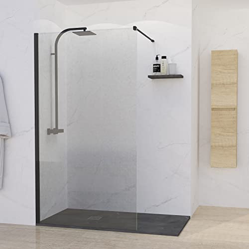 BAIKAL Mampara de Ducha. Panel Fijo de 70cm. Perfil Negro Mate. Cristal Transparente Templado 8mm de espesor. Tratamiento Antical. Alto 195 cm. Brazo adaptable 60-100cm.
