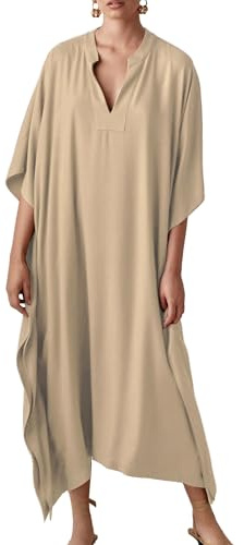 Bsubseach Women Apricot Silky Kaftan Dresses Batwing Sleeve Swimsuit Cover Up V Neck Caftan Maxi Dress Summer