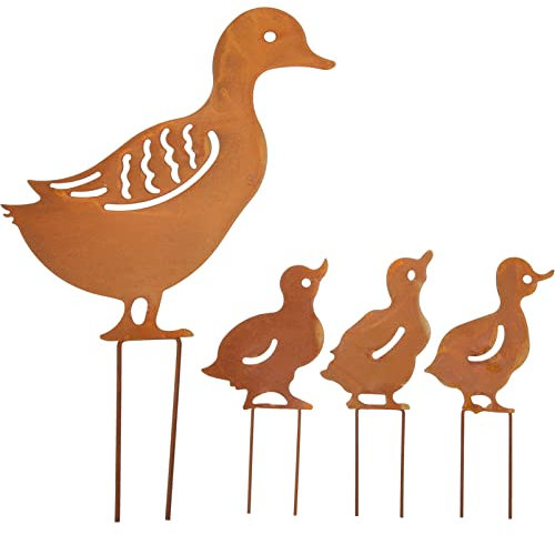 Lot de 4 canards de jardin en métal - Silhouettes d'animaux - Statues de canard - Décoration de jardin - Statue de jardin - Rouille - Pour chemin, cour, pelouse, décoration de jardin
