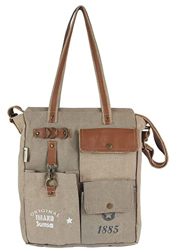 Sunsa Damen Handtaschen. Tasche aus Canvas & Leder. Braune Nachhaltige Schultertasche. Vintage Handgelenktasche mit viele Fächer. Große Shopper