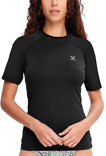 HUGE SPORTS Damen Kurzarm-Schwimmshirt Sonnenschutz Wasser T-Shirt zum Surfen Schnorcheln (Reines Schwarz,M)