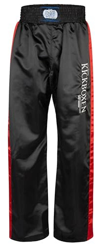 BAY Edel Stick Kickboxhose, schwarz mit roten Seitenstreifen gestickte Schrift Kickboxen Thaiboxhose lang Hose Kick-Boxen Thaiboxen Muay Thai Satinhose (XL)