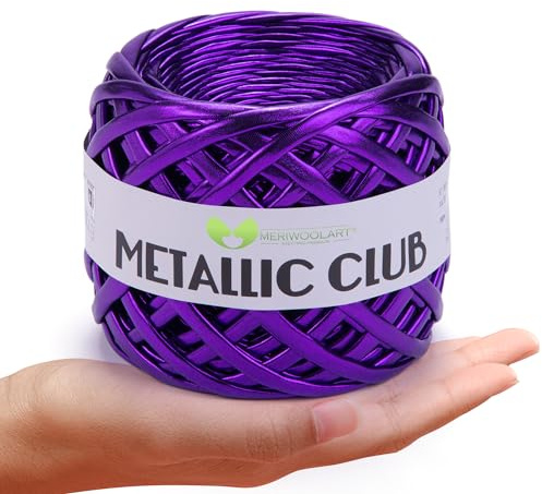 MeriWoolArt® Premium Metallic T-shirt Garn, 100% Kvalitets-Polyester, Läderlook Garn för Stickning, 6-8 mm x 55 m Textilgarn för Väskgarn, Plånboksgarn, Glittrande Garn, Accessoar-Garn