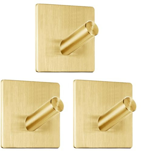 Portasciugamani senza foratura, 3 ganci adesivi, ganci in acciaio inox, autoadesivi, ganci adesivi extra forti per bagno e cucina (oro)