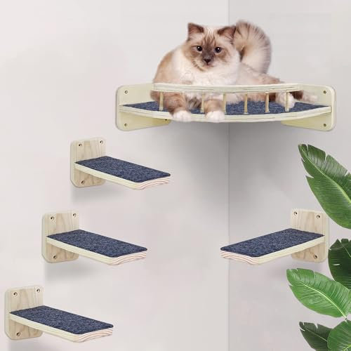 Shiawase Pared de escalada para gatos, escalera para gatos, pared y cama esquinera con alfombrilla antideslizante, juego de muebles para gatos de madera de 5 piezas, escalera para gatos balcón con