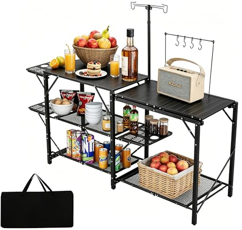Warmiehomy Folding Camping Table Kitchen Table with Telescoping Lanter Pole and Kitchenware Rack,3 Iron Sides for Patio BBQ Picnic, 178x44x80cm