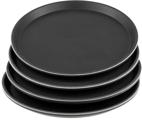 PINGEUI 4 Pack Black Round Non Slip Trays, 28cm Round Drinks Tray, Reusable Rubberized Surface Serving Tray for Bar, Restaurant,Parties, and Home