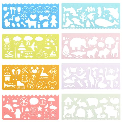 8 plantillas de pintura, plantillas de animales con regla de medición, accesorios de dibujo, material flexible de PP, plantillas de dibujo para niños y niñas