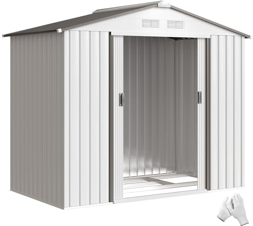 Outsunny Casetta da Giardino 2.5m² in Acciaio Zincato con Basamento e Prese d'Aria, Capanno Porta Attrezzi con Tetto Inclinato, Doppie Porte Scorrevoli Bloccabili, 213x130x185 cm, Bianco Argentato