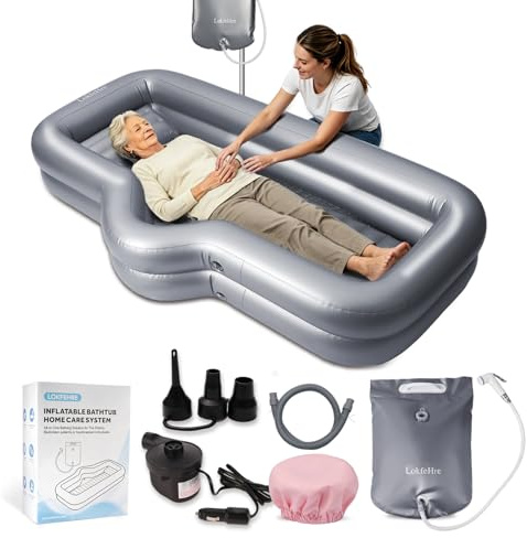 LOKFEHRE Bañera inflable médica para postrados en cama, drenaje para una persona, lado curvado, cojín de aire integrado, bomba eléctrica, bañera portátil para ancianos, discapacitados y personas