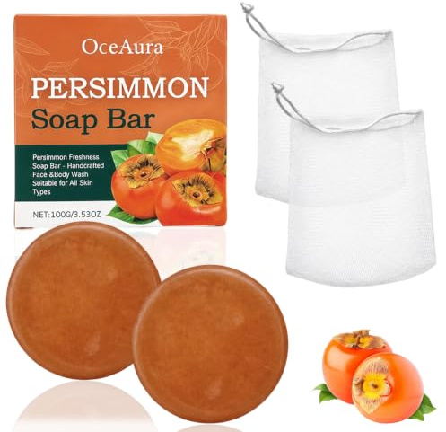 2 unidades de jabón de caqui, jabón natural de caqui, jabón sólido | jabón para rostro y cuerpo, minimizador de poros, limpieza profunda, hidratante; incluye 2 redes espumadoras