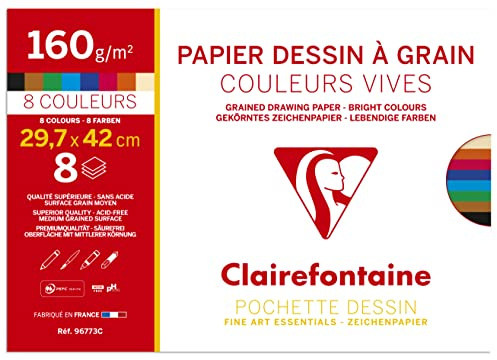 Clairefontaine - Ref 96773C - Grained Drawing Paper (Pack of 8 Sheets) - 29.7 x 42cm Size, 160gsm Paper, Acid Free - Light Grain Side & Heavy Grain Side - Assorted Bright Colours