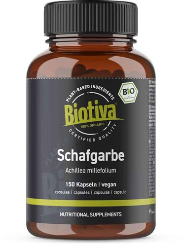 Schafgarbe Bio 150 Kapseln - Achillea Millefolium - 100% Vegan - Korbblütler - rein pflanzlich - Abgefüllt und zertifiziert in Deutschland - HPMC Kapseln - Biotiva