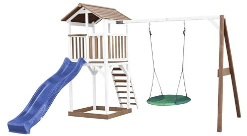 AXI Beach Tower parco giochi in legno in marrone e bianco | Torre di gioco per bambini con sandbox, altalena nido e scivolo blu | Playhouse su palafitte per il giardino