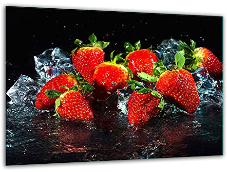 TMK, tagliere in vetro, 30 x 22 cm, con motivo fragole, piastra di copertura per fornelli, vetro decorativo