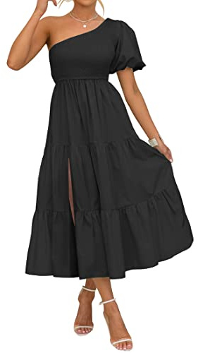ZESICA Women's Boho Summer One Shoulder Short Sleeve Smocked Side Split Ruffle Swing Midi Dress Black L