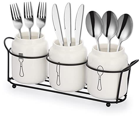 SUMTree 3-Piece Ceramic Silverware with Metal Rack, Utencil Holder Flatware Caddy Spoon Holder Cultery Organizer for Countertop, Kitchen Table, Cabinet or Pantry, White