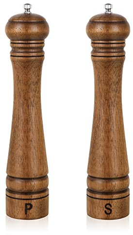 Pack of 2 Wood Pepper Grinder Set, 10 Inch Salt Mill And Pepper Grinder Set, Pepper Mill, Salt Shakers with Adjustable Ceramic Rotor - Oak Wood Pepper Grinder And Salt Mill for Your Kitchen