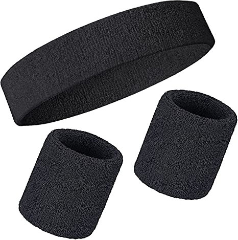 Schweißbänder Handgelenk Schweißbänder Stirnband Set Sport Wristbands Headbands 3 Stück,Sport Schweißband Armband Stirnbänder für Fußball Basketball Tennis Gymnastik (Schwarz)