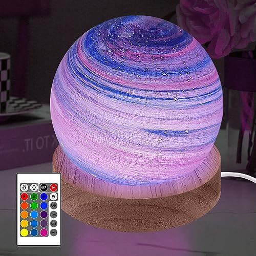 HONPHIER Mood Lights LED Lamp Table Lamps 3D Planet Glass Ball Night Lights with Remote Control 16 RGB Colors Astronomy Galaxy Lamp Dimmable Wooden Base Bedside Lamp, Home Decor, 8 CM (B)