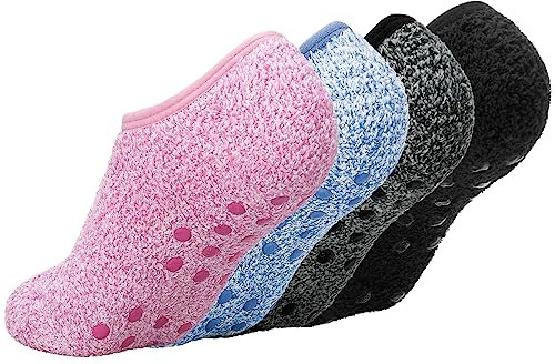FANTESI 4 Pairs Slipper Fluffy Socks for Women Men Winter Non Slip Soft Thermal Fuzzy Bed Slippers Socks with Anti-slip Grain for House Floor Bed (UK 4-7)