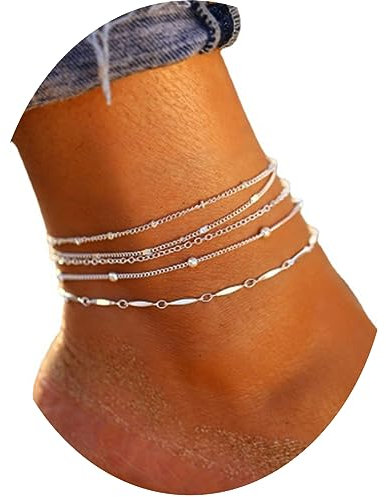 LYQNIHOB 5-teiliges Set: Boho Fußkettchen mit Perlen und mehreren Silberketten - verstellbares Accessoire für Strand und Alltag Schmücke deine Füße mit diesem stilvollen Schmuckstück für Frauen