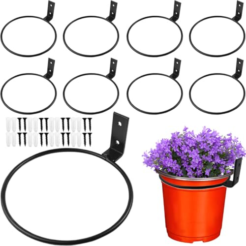 GXXMEI 8PCS 6 Inch Black Plant Pot Holders, Flower Pot Holder Ring Wall Mount Plant Holder, Heavy Duty Iron Planter Ring Hangers for Fence Balcony Home Garden Yard, Screws Included