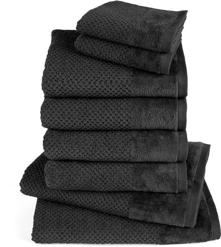 Pure Label 8-TLG. Handtücher Set mit Aufhängeschlaufen aus 100% Baumwolle, saugstark und weich - 2X Badetuch (70x140 cm) 4X Handtuch (50x100cm) 2X Gästetuch (30x50 cm), Schwarz