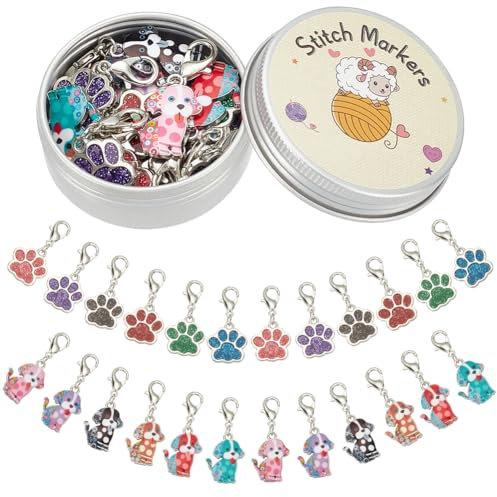 PLIGREAT 24 Pcs Cute Colorful Dogs Paws Charms Crochet Stitch Markers Knitting Row Counter Locking Mark Clips Knitting Tool Kit with Storage Tin Box Gifts for Mom DIY Jewelry Crafts Accessories