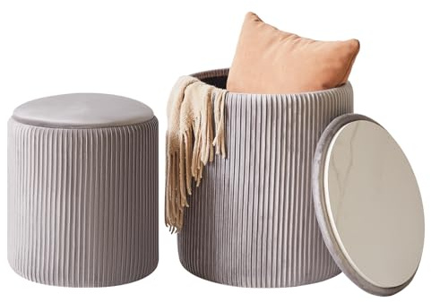 IBUYKE Set of 2 Round Ottoman with Storage, Velvet Vanity Stool for Makeup, Modern Padded Seat Coffee Table, Multipurpose Footrest Stool for Living Room & Bedroom, Gray WBD005G