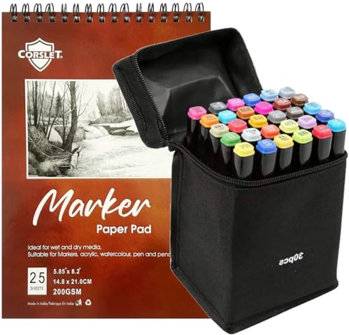 Corslet 30 st markörer med dubbla spetsar alkoholhaltiga markörer set färgmarkörer för ritning markörpennor för ritmarkörer alkoholmarkörer med markörpapper skissbok blödningssäker 200 gsm 50 sidor