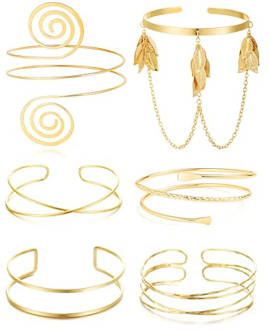 BOMAIL Juego de 6 brazaletes de brazo, brazalete dorado, brazalete, espiral, espiral, ajustable, joyería para la parte superior del brazo, ajustable, Metal, Sin piedra preciosa