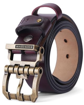 BISON DENIM Cinturón de cuero para hombre, cuero auténtico clásico, hebilla resistente, cinturón casual para vaqueros, 43-45W / 51L