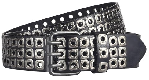 JAMAKALA 3 Row Studded Grommet Belt, Punk Rock PU Leather Belts for Men Women, Black Goth Rivet Gothic Belt Accessories for Jeans Pants (Black Leather - Black Rivets, Fit Waist Size 25-39.4)