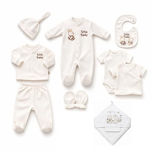 Nyfödd baby presentset 100 % naturlig bomull första utrustning unisex kläder för spädbarn 0–4 månader 10 delar, Kanin Ekru