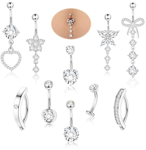 Diamday 10pcs Belly Button Bars Surgical Steel Belly Bar Ring Gold Button Piercing 14G Navel Bars Dangly Heart Butterfly Flower Silver Gold Navel Piercing Jewellery for Women Silver A