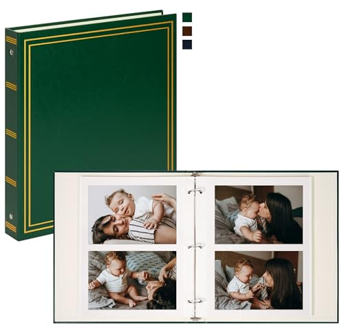Vienrose Photo Album Self Adhesive Leather Cover 3 Ring Binder Vintage Printed Photo Book fits 4x6 5x7 Memory Book with Blank Sticky Pages for Travel Wedding 25 Sheets / 50 Pages, Dark Green
