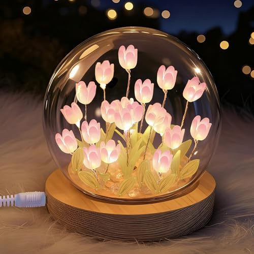 Funvalley Surperfect Tulips Night Light Corded, Tulips Lamp Gifts for Women, Small Glass Flower Lamp with Wooden Base for Home Decor, Unique Birthday Gifts for Women, Mom, Sister, Friends (Pink)