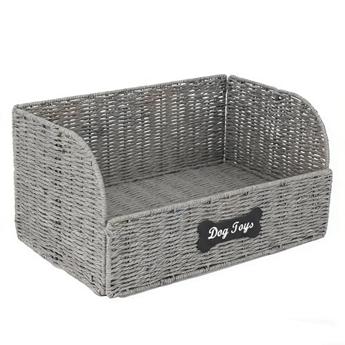 Brabtod Pet Dog Toy Storage Basket,Collapsible Woven Paper Rope for Dog Cat Toys,Trapezoid Dog Toy Bin,Dog Storage Organizer with Wire Frame,Ideal for Living Room,Playroom(Black)