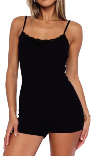 BONITEE Women Sexy Strap Jumpsuits Summer One Piece Romper Cute Bodysuits Shorts Casual Sleeveless Tank Tops Camisole Pajamas Black,M