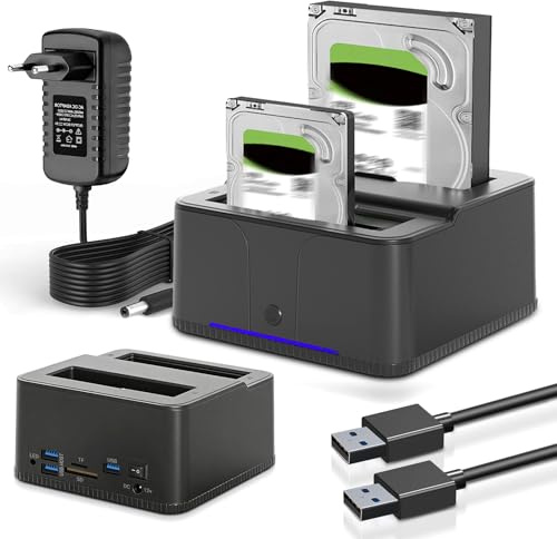Gbformat HDD Docking Station, USB3.0 Station d'accueil pour Disque Dur pour 2,5 et 3,5 Pouces SATA HDD/SSD, 32 to avec Lecteur de Cartes SD/TF, Double Baie, Prise en Charge de Clone Hors Ligne,UASP