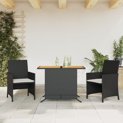 Generico Set da Bistrò 3 pz con Cuscini Nero in Polyrattan,Set da Giardino