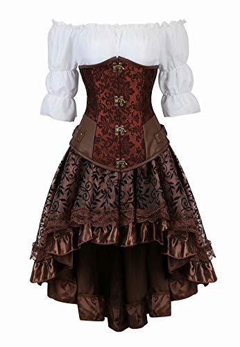 Underbust Corset Cuero gotico Mujer Bustier Sexy Pirata Chalecos Blusa Fiesta Halloween 3 Piezas Marrón M